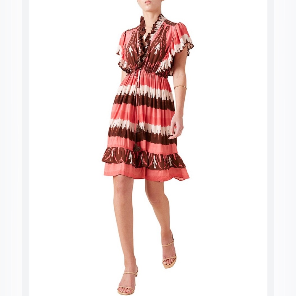 Figue Denissa Ruffle Tassel Drawstring Mini Dress coral pink ikat XS